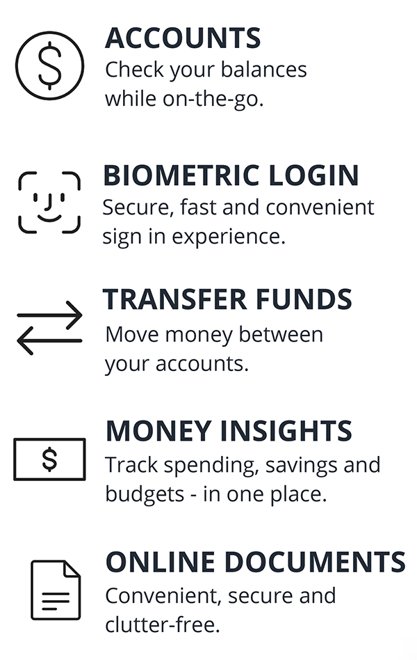 Accounts: Check your balances while on-the-go. - Biometric Login: Secure, fast and convenient sign in experience. - Transfer Funds: Move money between your accounts. - Money Insights: Track spending, savings and budgets - in one place. - Online Documents: Convenient, secure and clutter-free.