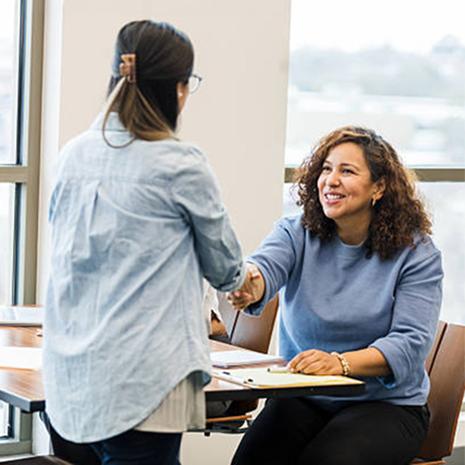 Smiling women shaking hands in a business meeting. Casual, friendly atmosphere.